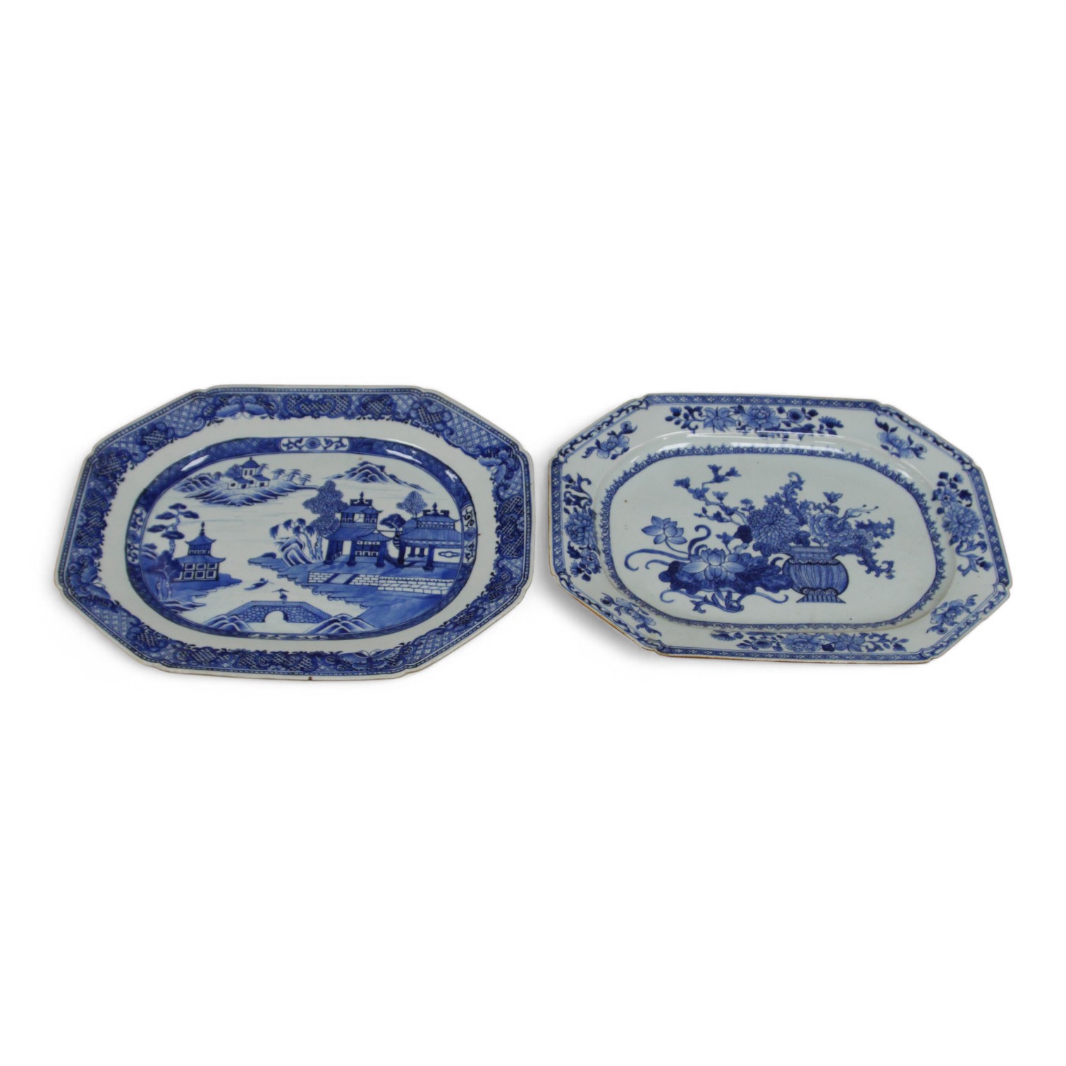 Two 18th century Chinese blue and white octagonal meat dishes, 44cm wide. Condition - good, one with some chipping